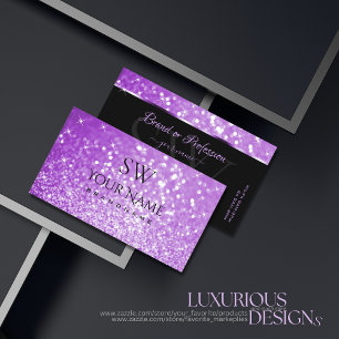 Elegant Bright Purple Glitter Spark Stars Monogram Business Card