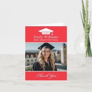 Elegant Bright Red Personalised Graduation Photo Thank You Card