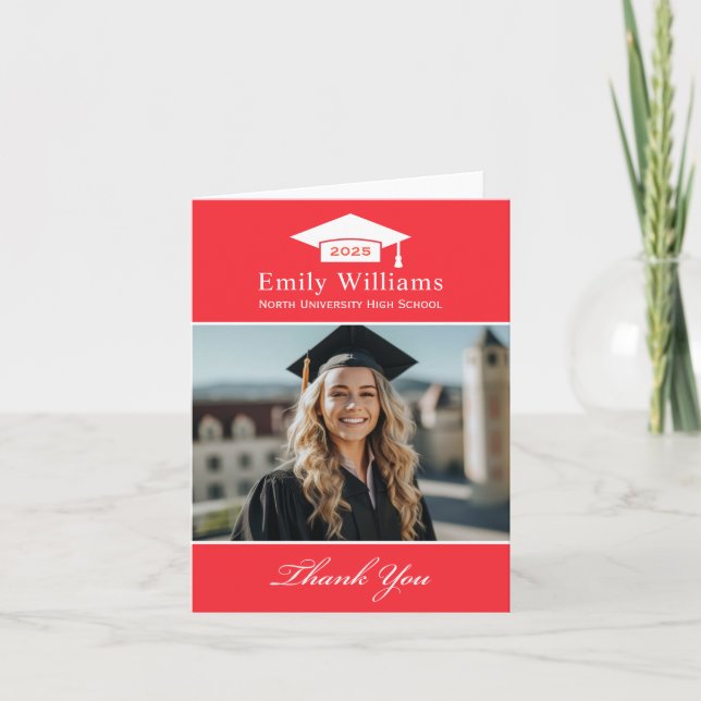 Elegant Bright Red Personalised Graduation Photo Thank You Card (Front)