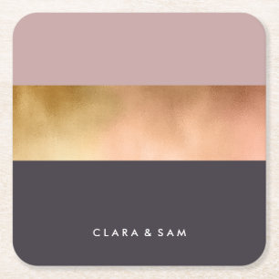 elegant bright rose gold pink grey color block square paper coaster