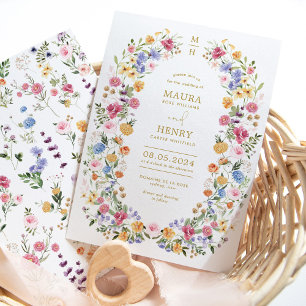 Elegant Bright Wildflower Wreath Garden Wedding Invitation