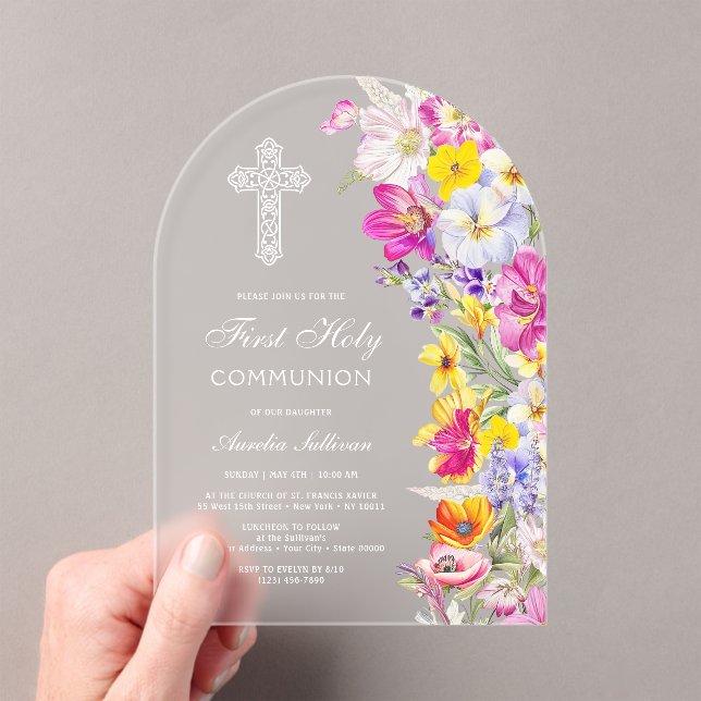 Elegant Bright Wildflowers Arch First Communion Acrylic Invitations (Insitu (Handheld))
