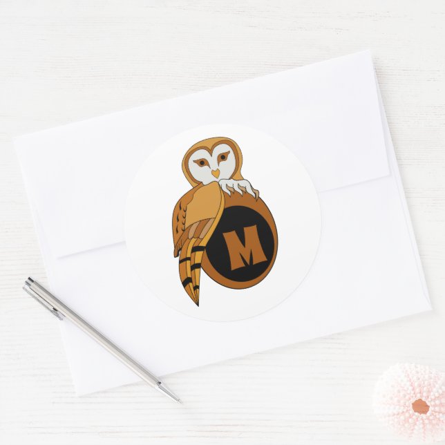 Elegant British Barn Owl Monogram Classic Round Sticker (Envelope)