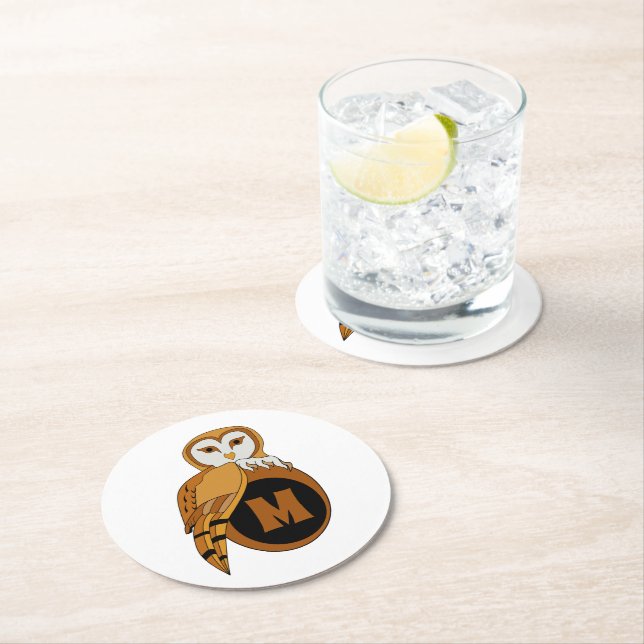 Elegant British Barn Owl Monogram Round Paper Coaster (Insitu)