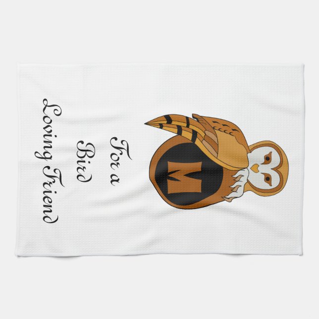 Elegant British Barn Owl Monogram Tea Towel (Horizontal)