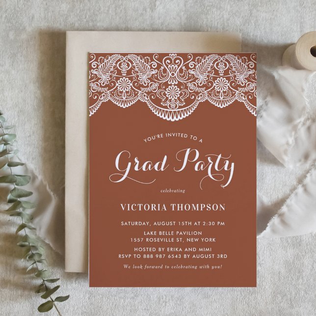 Elegant Brocade Lace Terracotta Graduation Party Invitation (Customizable boho graduation invitation featuring white lace and a terracotta background.)