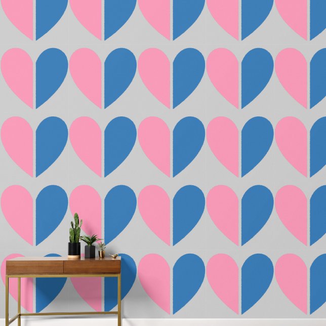 Elegant Broken Heart Blue Pink Pattern on Grey Wallpaper (Hallway)