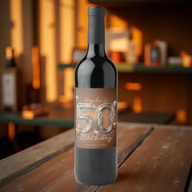 Elegant Bronze and Silver Balloons 50th Birthday Wine Label (Creator Uploaded)