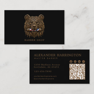 Elegant Bronze Bear Barber Shop Qr Code Business Card