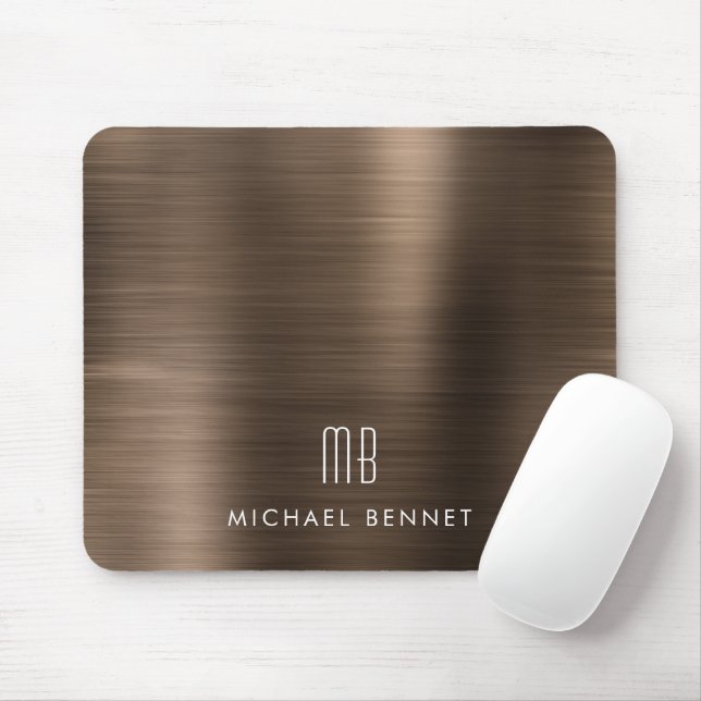 Elegant Bronze Brown Metallic Monogram Name Mouse Pad (With Mouse)
