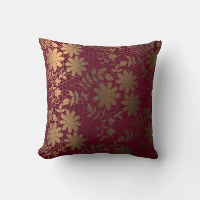 Elegant bronze floral on hexagonal grid cushion (Front)