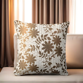 Elegant bronze flowers on hexagonal grid  cushion