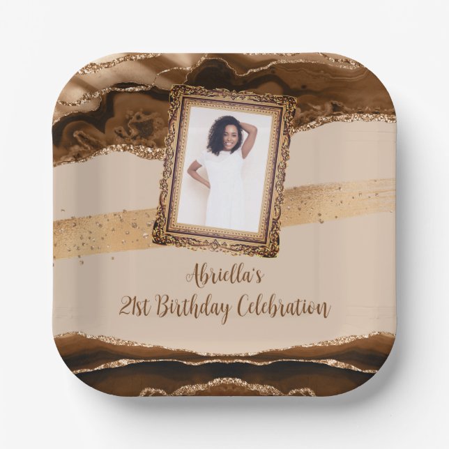 Elegant Brown Agate Photo Invitation Paper Plate (Front)