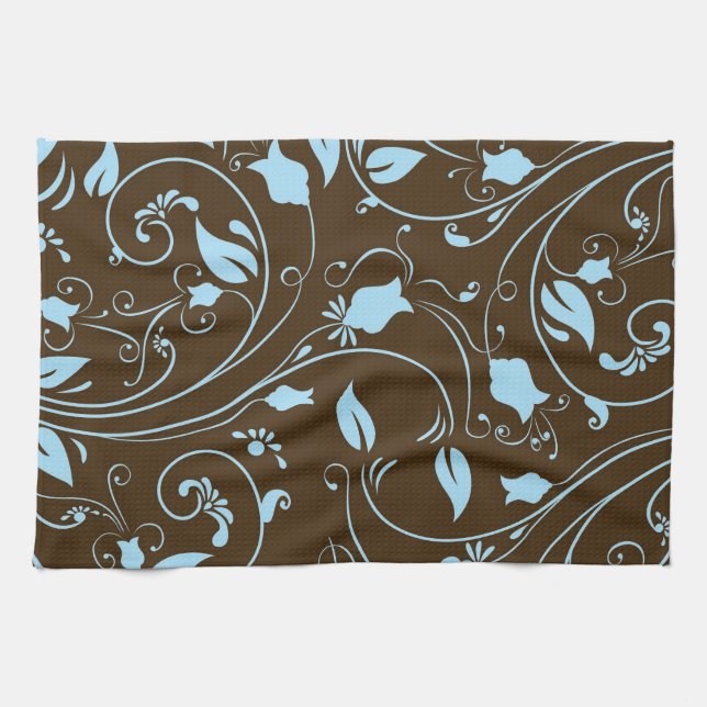Elegant Brown and Baby Blue Floral Pattern Tea Towel (Horizontal)