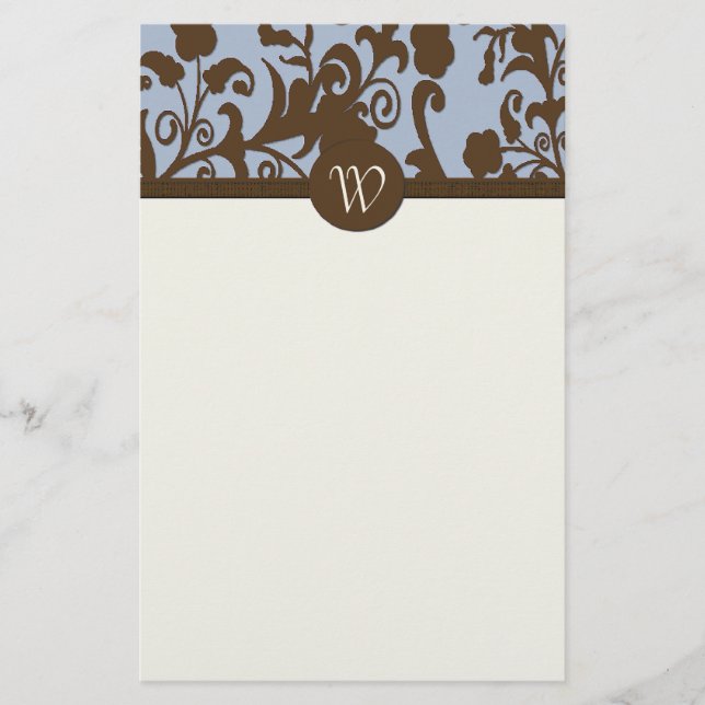 Elegant Brown and Blue Damask Personal Stationery (Front)