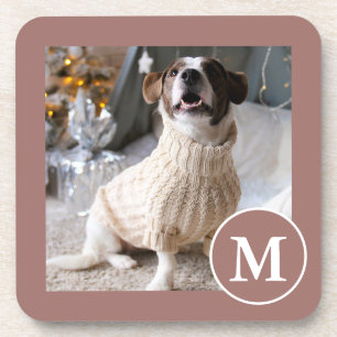 Elegant Brown and White Monogram Photo Coaster