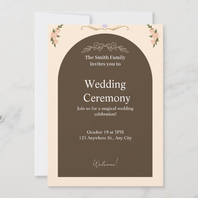 Elegant Brown Arch Floral Wedding Invitation | Min (Front)