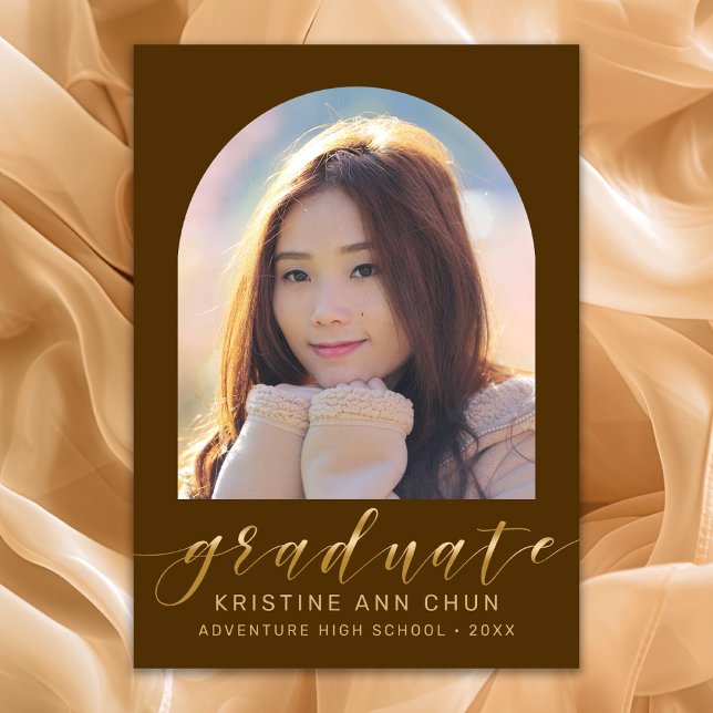 Elegant Brown Arch Gold Script Photo Graduation Announcement (Brown and Gold Script Photo Graduation Announcement)