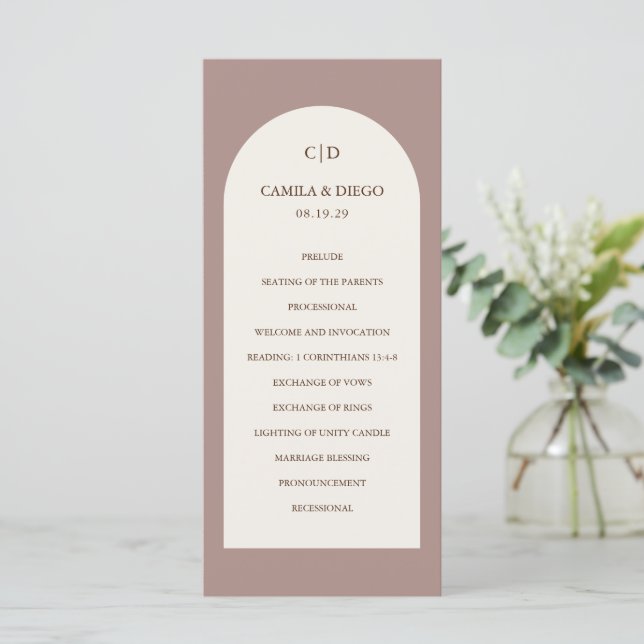 Elegant Brown Arch Modern Wedding Programme (Standing Front)