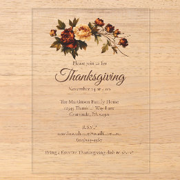 Elegant Brown Autumn Flowers Floral Thanksgiving Acrylic Invitations