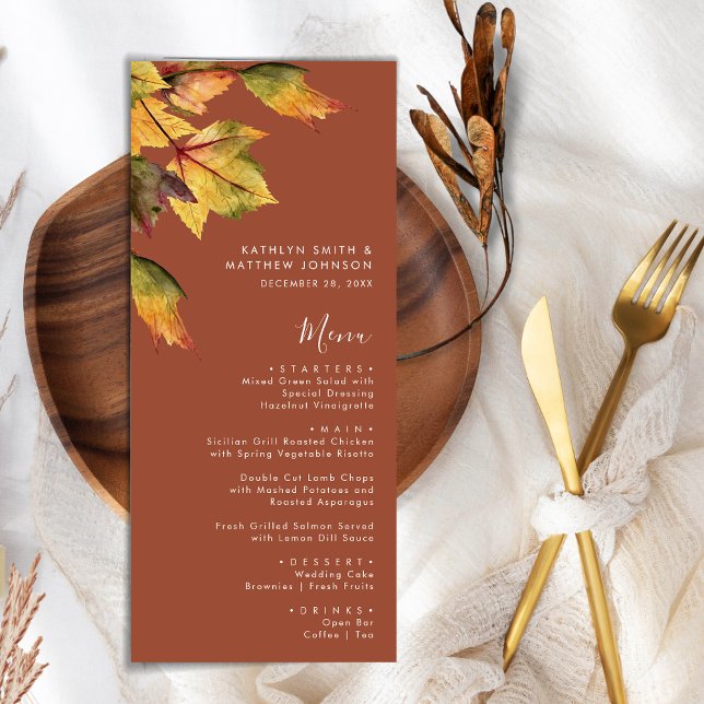 Elegant Brown Autumn Foliage Modern Wedding Menu (Creator Uploaded)