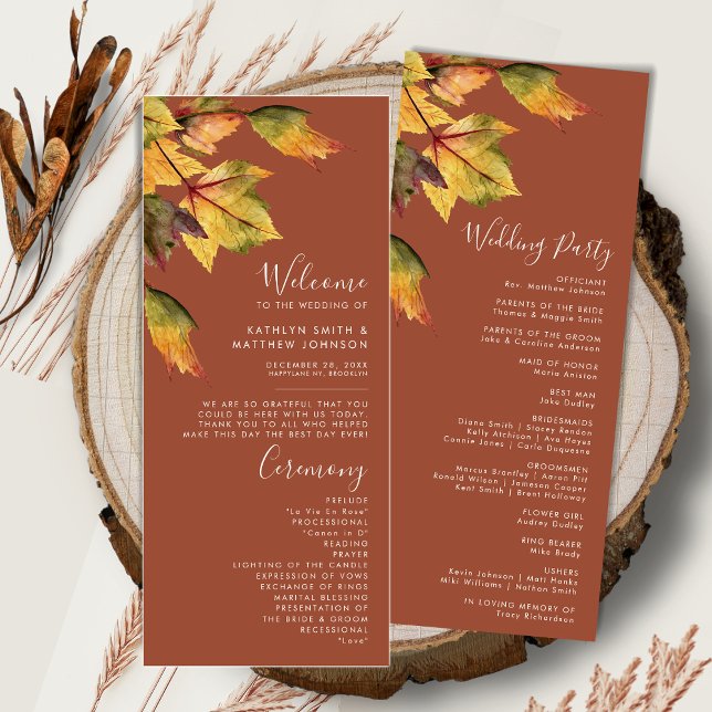 Elegant Brown Autumn Foliage Modern Wedding Programme (Creator Uploaded)