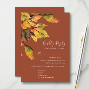 Elegant Brown Autumn Foliage Modern Wedding RSVP Card