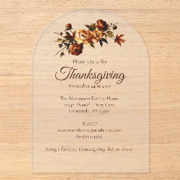 Elegant Brown Autumn Roses Floral Thanksgiving Acrylic Invitations