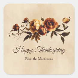 Elegant Brown Autumn Roses Floral Thanksgiving Square Sticker