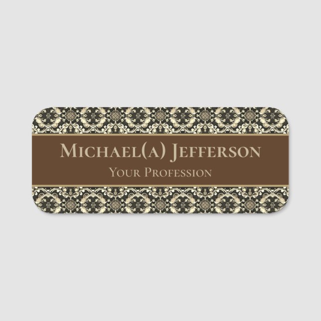 Elegant Brown Baroque Vintage Pattern Name Tag (Front)