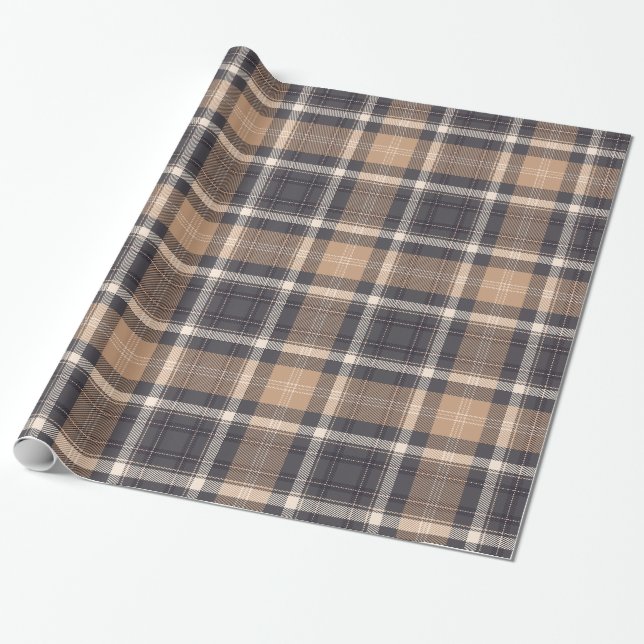 Elegant Brown | Beige | Dark Gray Plaid Checkered Wrapping Paper (Unrolled)