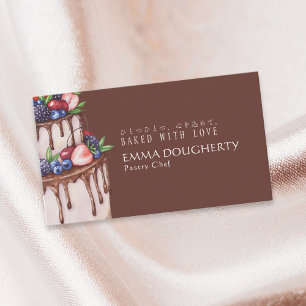 Elegant Brown Berry Chocolate Cake Pastry Chef Business Card