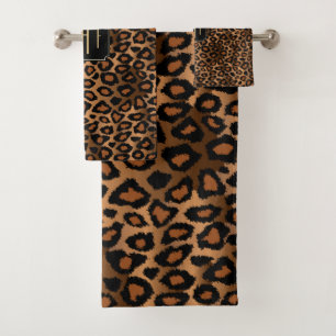 Elegant Brown & Black Leopard Pattern - Monogram Bath Towel Set