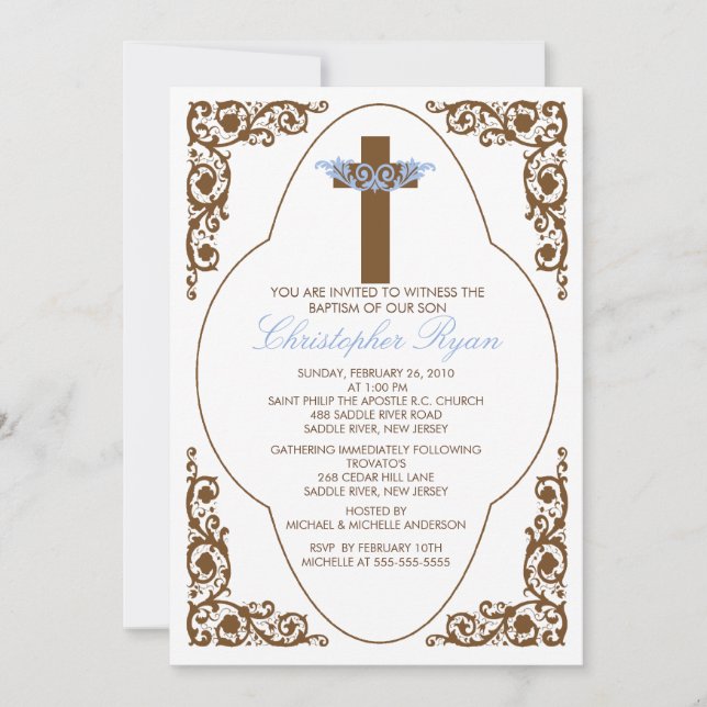 Elegant Brown & Blue Baptism Invitation (Front)