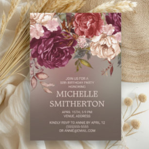 Elegant Brown Burgundy Ivory Floral 50th Birthday Invitation