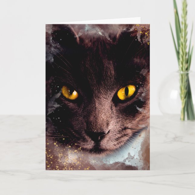 Elegant Brown Cat Watercolor Birthday Card (Front)
