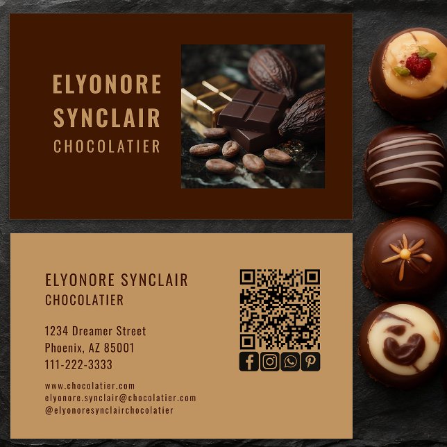 Elegant Brown Chocolatier Photo Social QR Code  Business Card (Creator Uploaded)