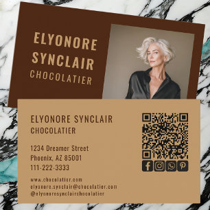 Elegant Brown Chocolatier Photo Social QR Code  Business Card