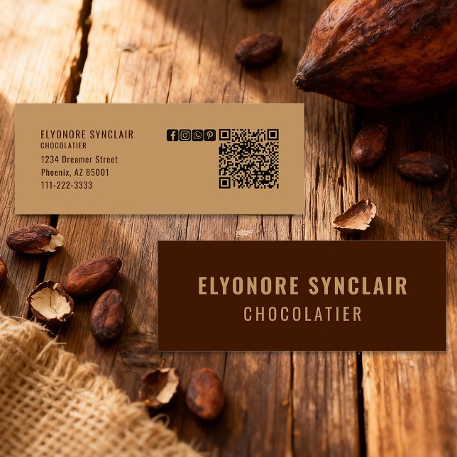 Elegant Brown Chocolatier Social Icon QR Code  Mini Business Card (Creator Uploaded)