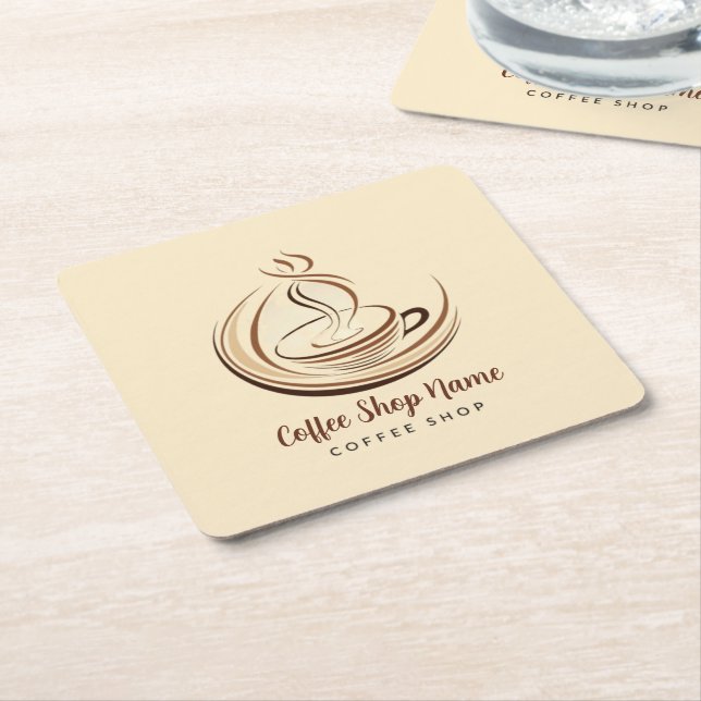 Elegant Brown Coffee  espresso business logo shop Square Paper Coaster (Angled)