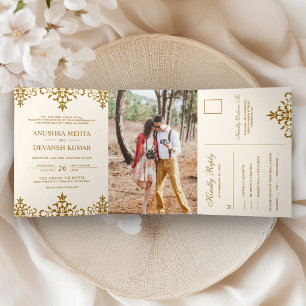 Elegant Brown Damask Traditional Indian Wedding Tri-Fold Invitation