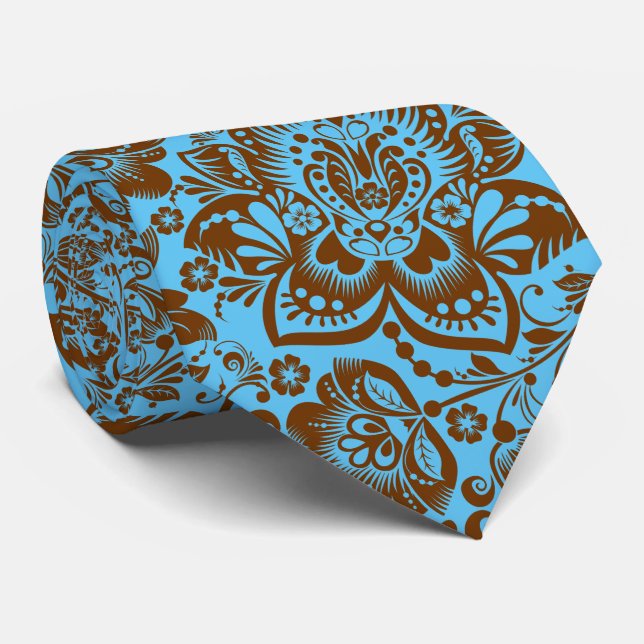Elegant Brown Damasks & Sky Blue Background Tie (Rolled)