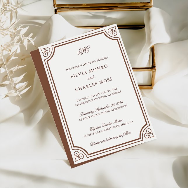 Elegant Brown & Ecru Classic Script Wedding  Invitation (Creator Uploaded)