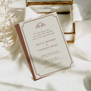 Elegant Brown & Ecru Crest Monogram Wedding Invitation