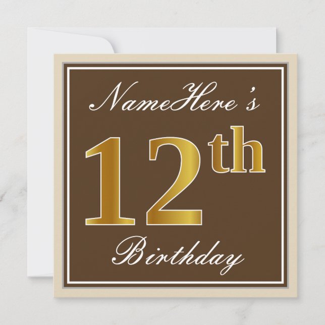 Elegant, Brown, Faux Gold 12th Birthday + Name Invitation (Front)