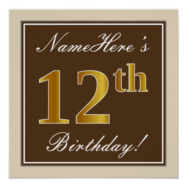 Elegant, Brown, Faux Gold 12th Birthday + Name Poster (Front)