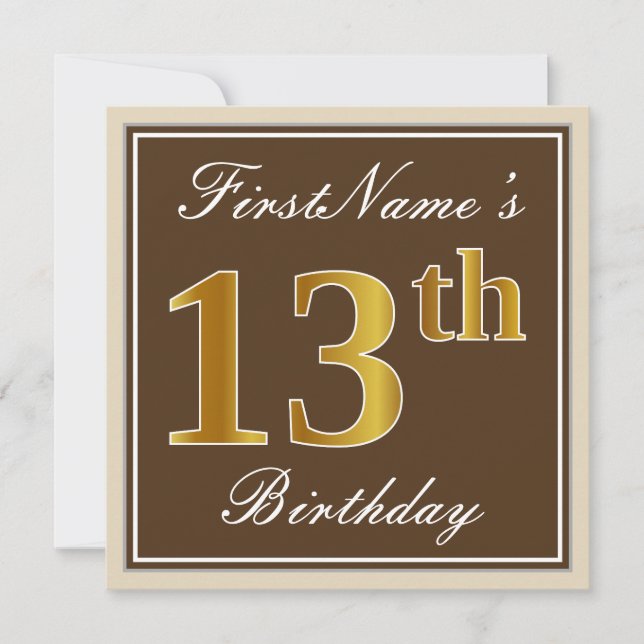 Elegant, Brown, Faux Gold 13th Birthday + Name Invitation (Front)