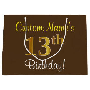 Elegant, Brown, Faux Gold 13th Birthday + Name Large Gift Bag