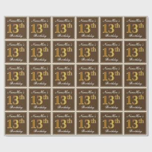 Elegant, Brown, Faux Gold 13th Birthday + Name Wrapping Paper