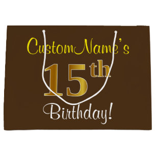 Elegant, Brown, Faux Gold 15th Birthday + Name Large Gift Bag